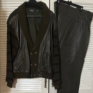 Olive Green Leather Jacket and Pants Set